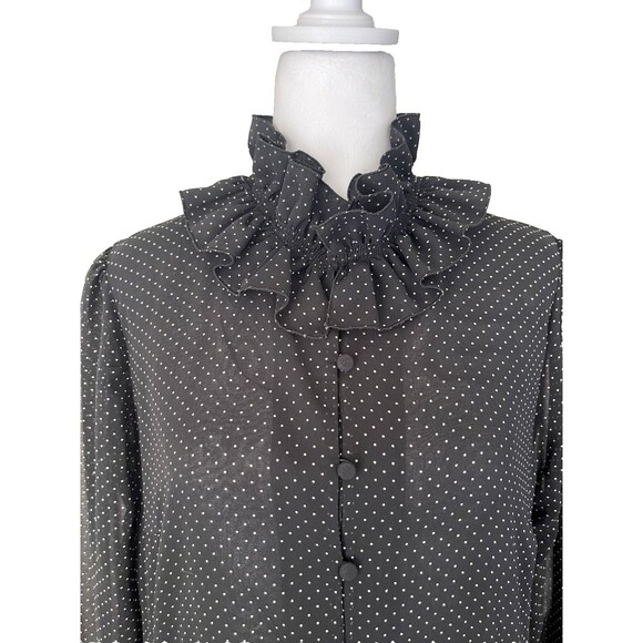 ZARA Ruffled Dress Size XL Black Micro Dot Ruffled Neck Sheer Ruffled Sleeves - Picture 4 of 16